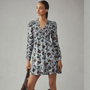 NWT ANTHROPOLOGIE Blue Floral Long-Sleeve V-Neck Ruffle Mini Dress SIZE M